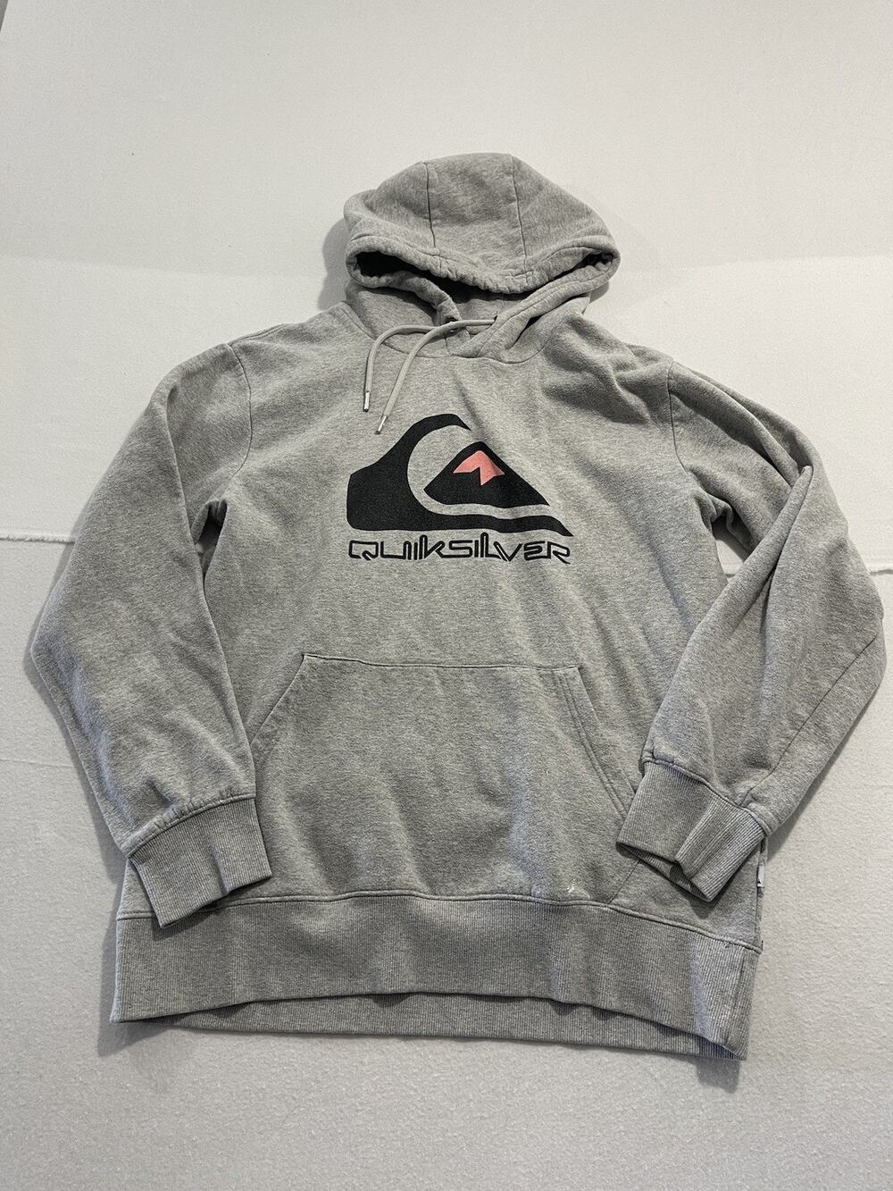 Vintage Quiksilver Hoodie Mens Large Gray Pullover Sweatshirt Skate Surf Y2K